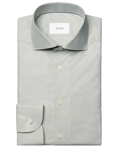 The Eton Slim Wide Spread Micro Check Twill Shirt is a light gray, wrinkle-resistant organic cotton shirt with a classic collar, buttoned cuffs, and subtle micro-pattern, featuring the "Eton" label on the inside collar.