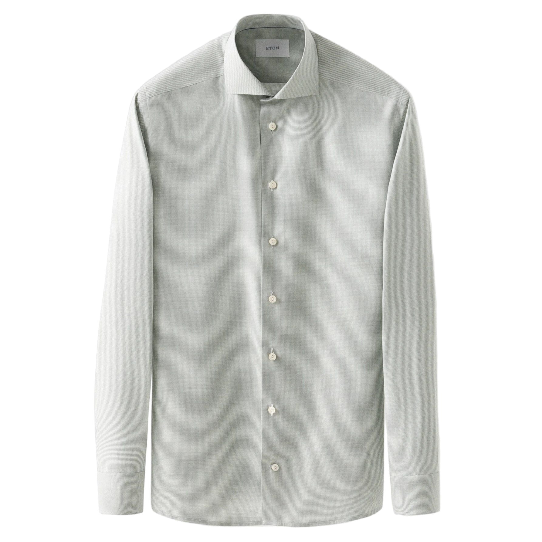 The Eton Slim Wide Spread Micro Check Twill Shirt is a light gray, wrinkle-resistant dress shirt with long sleeves and a spread collar, crafted from organic cotton and shown on a plain white background.