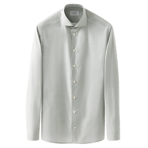 The Eton Slim Wide Spread Micro Check Twill Shirt is a light gray, wrinkle-resistant dress shirt with long sleeves and a spread collar, crafted from organic cotton and shown on a plain white background.