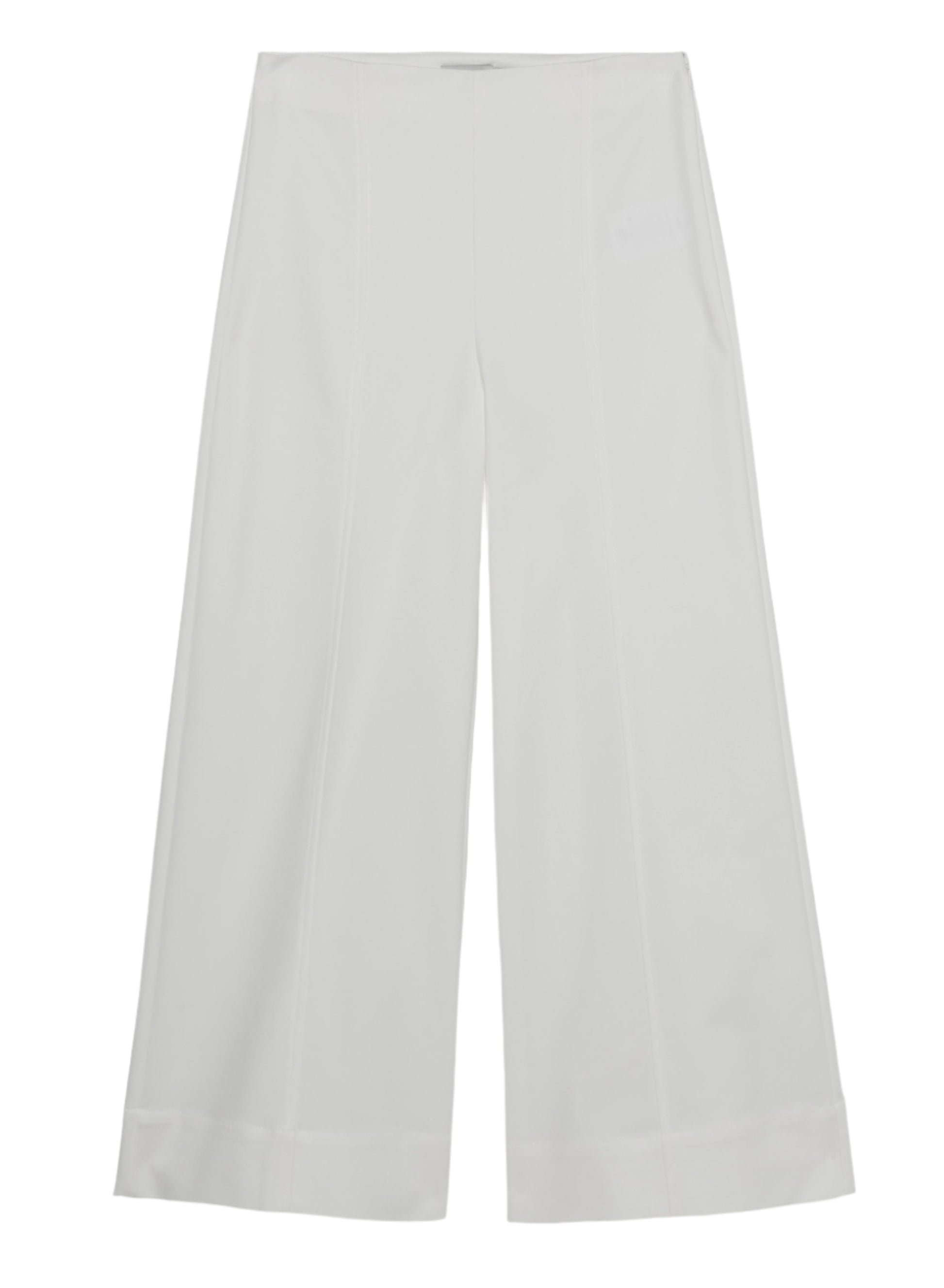 The Simkhai Kallin Cropped Wide Leg Pant in white features a high-waisted, wide-leg design with a clean, tailored finish, crafted from heavy cotton and shown laid flat on a plain background.