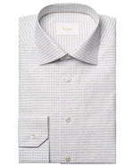 The Eton Slim Cut Away Check Supima 120 Shirt features a classic collar, blue and white checks, long sleeves, front buttons, and is crafted from organic Supima cotton by the renowned Albini mill.