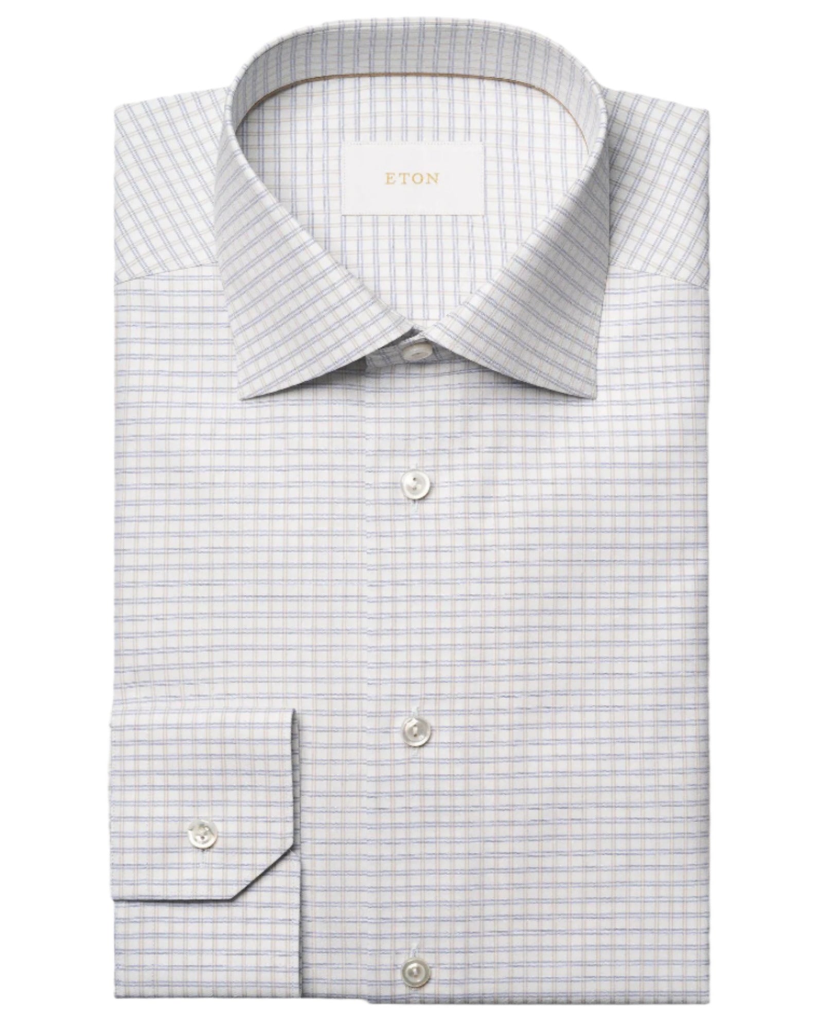 The Eton Slim Cut Away Check Supima 120 Shirt features a classic collar, blue and white checks, long sleeves, front buttons, and is crafted from organic Supima cotton by the renowned Albini mill.