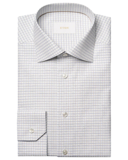 The Eton Slim Cut Away Check Supima 120 Shirt features a classic collar, blue and white checks, long sleeves, front buttons, and is crafted from organic Supima cotton by the renowned Albini mill.