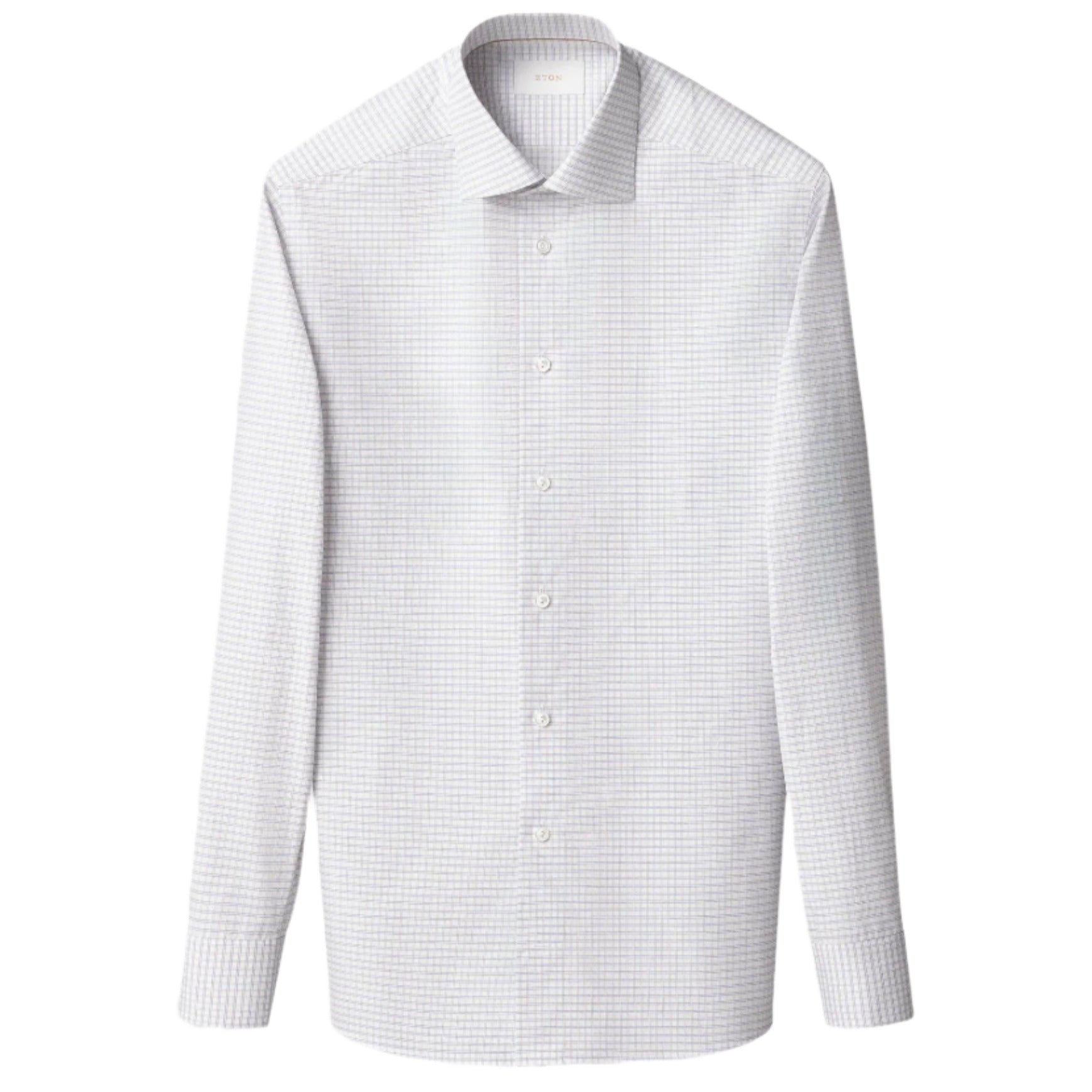 The Eton Slim Cut Away Check Supima 120 Shirt is a long-sleeve, button-up dress shirt featuring a light blue check on white piqué fabric by Albini, showcased against a plain background.