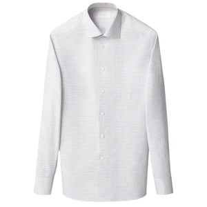 The Eton Slim Cut Away Check Supima 120 Shirt is a long-sleeve, button-up dress shirt featuring a light blue check on white piqué fabric by Albini, showcased against a plain background.