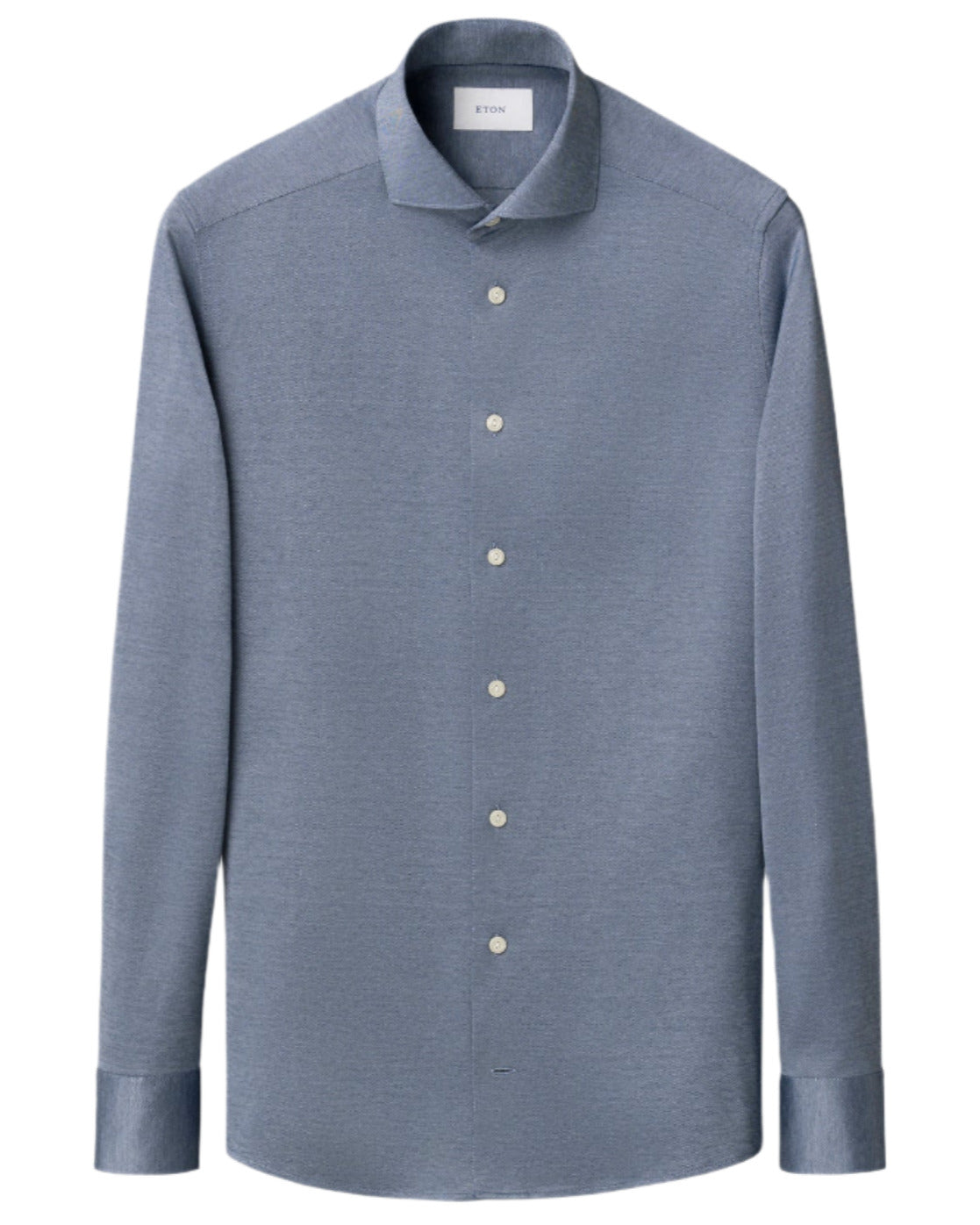 The Eton Slim Wide Spread Filo di Scozia Knit Shirt is a light blue, long-sleeve, button-up with a spread collar and white buttons, shown on a white background.