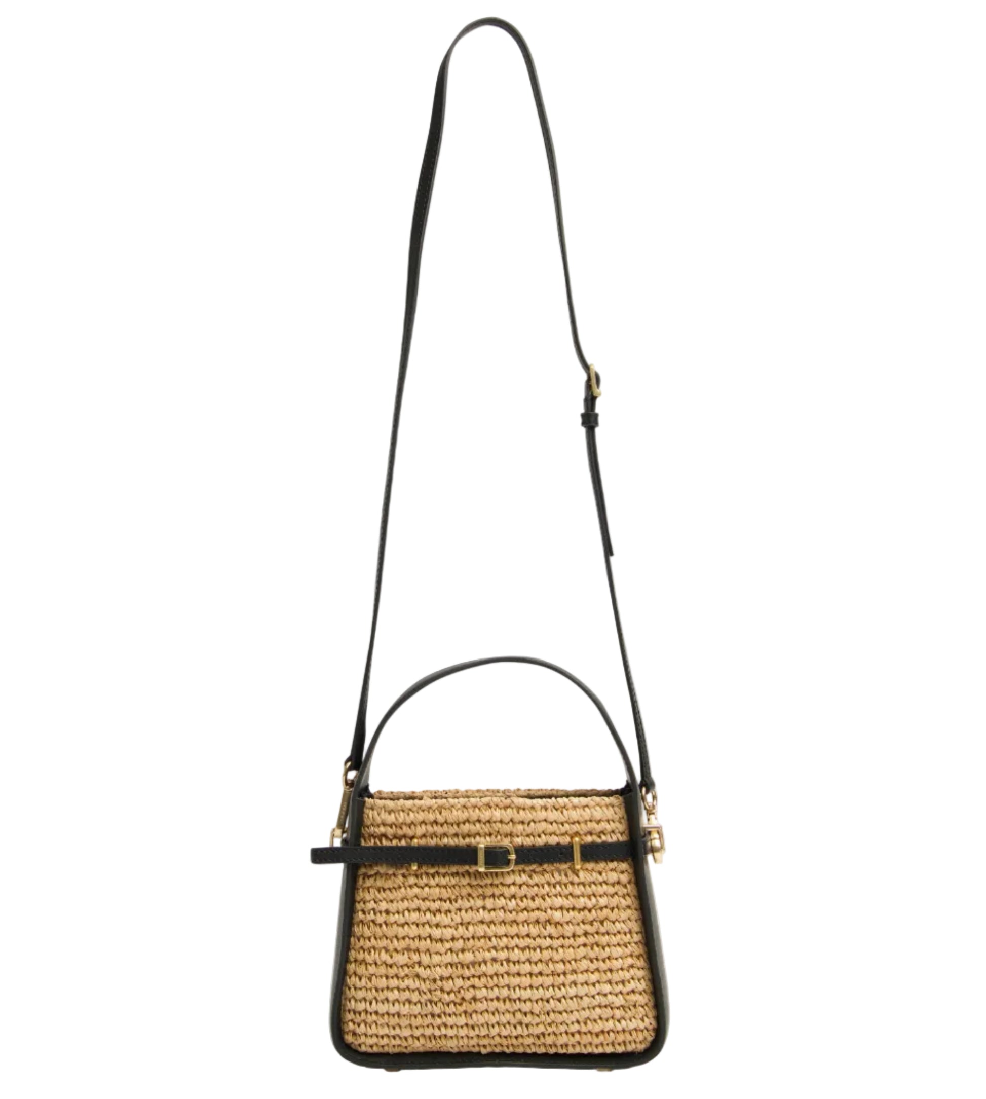 The Simkhai Cleo Mini Raffia Bucket Bag features black leather trim, gold-tone hardware, a top handle, and an adjustable shoulder strap.