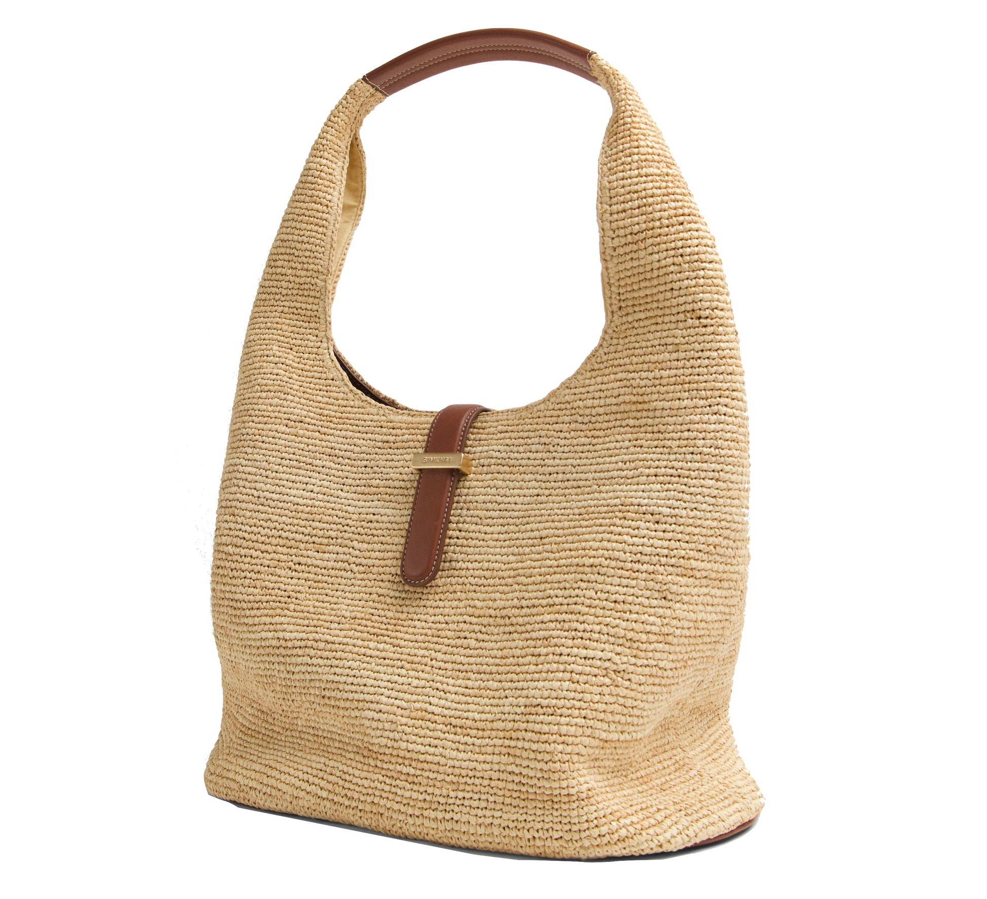 The Simkhai Khai Large Raffia Hobo Bag is a tan woven bag with a wide handle, accented by a brown leather buckle and strap on the front for an effortlessly chic touch.