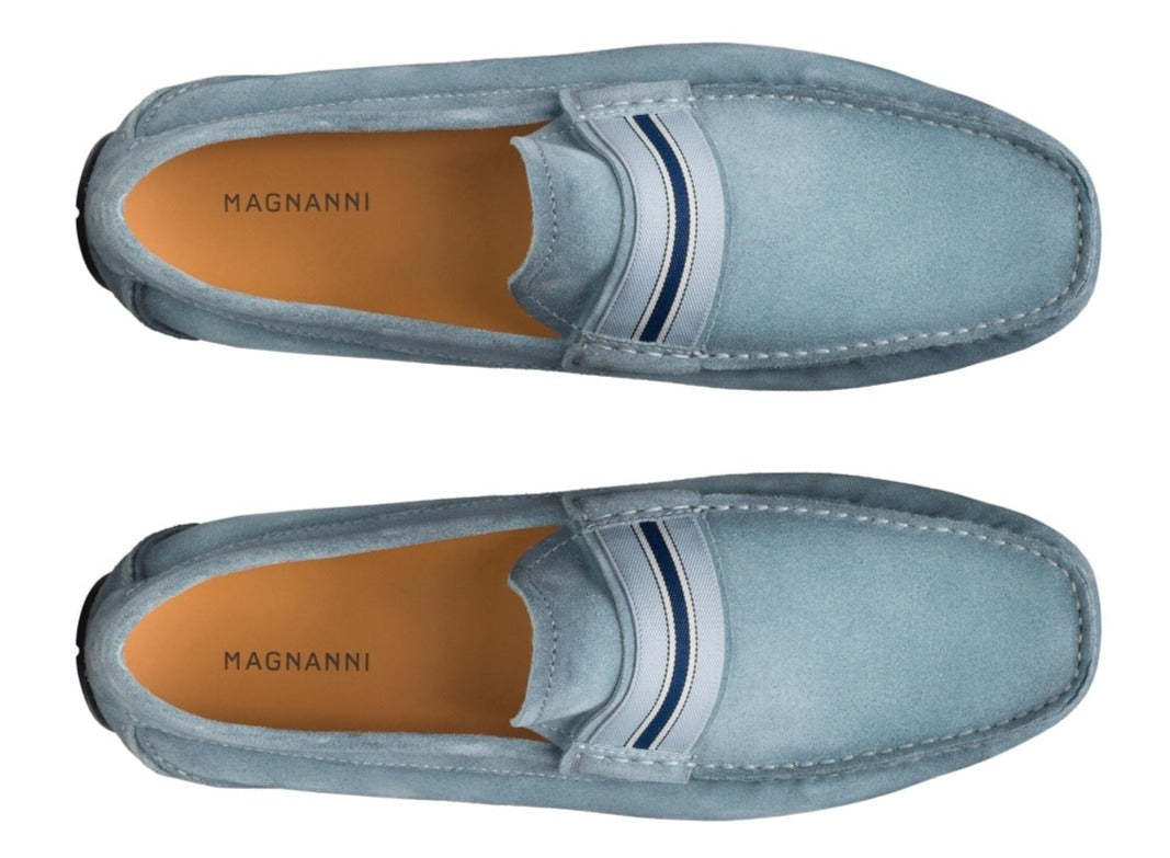 A pair of light blue, hand-stitched Magnanni Loira Loafer loafers with white and blue striped bands across the top, viewed from above.