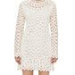 A woman wears the McCall Mini Dress by Simkhai, featuring white lace, a lined bodice, sheer sleeves, and crochet embroidery, standing against a plain background.