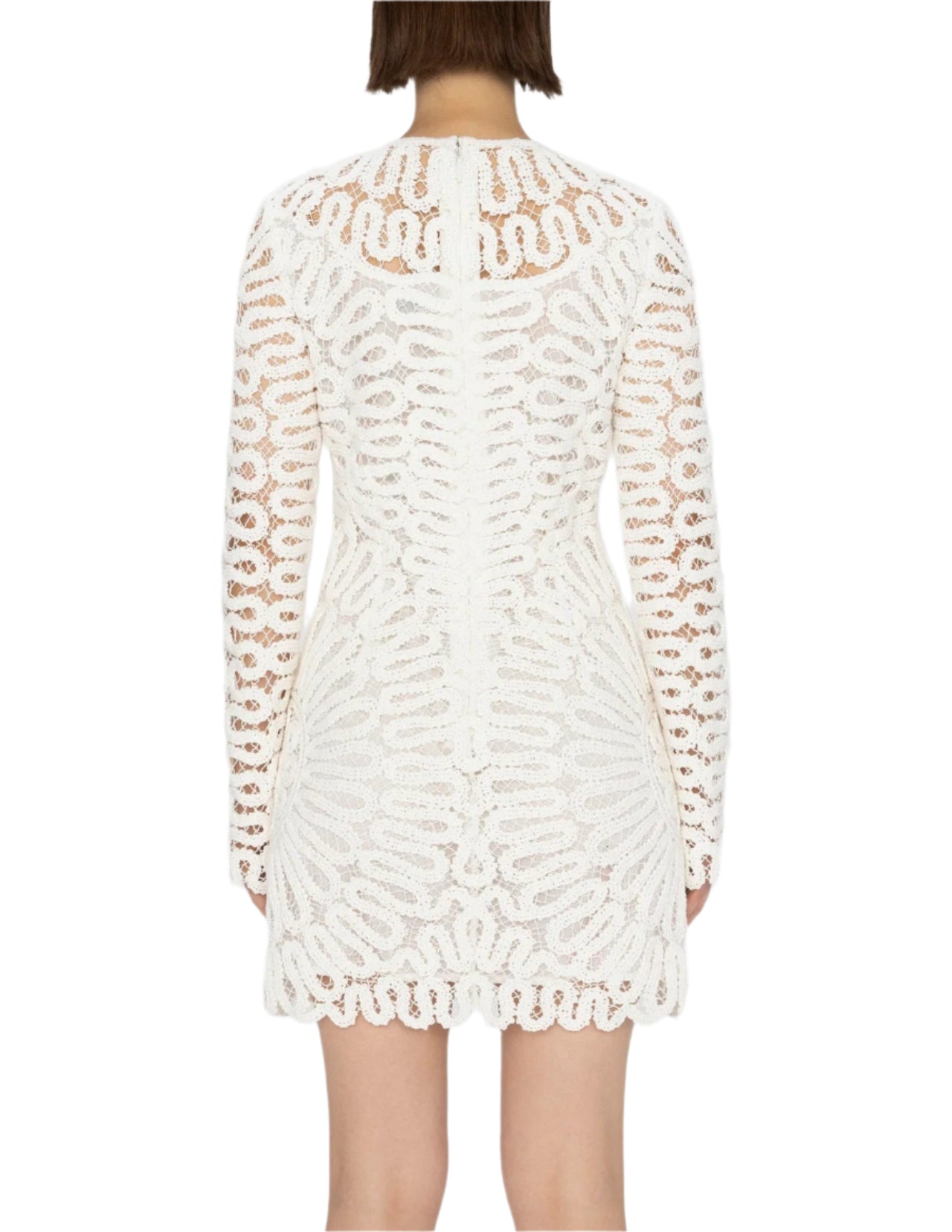 A person is shown from the back wearing the Simkhai McCall Mini Dress, a long-sleeved white lace shift with delicate crochet embroidery, against a plain white background.