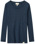 The Baby Boys’ and Boys’ Merino Long Sleeve Knitted T-Shirt by Copenhagen Colors, in dark blue, is shown long-sleeved and crew-neck, laid flat on a white background.