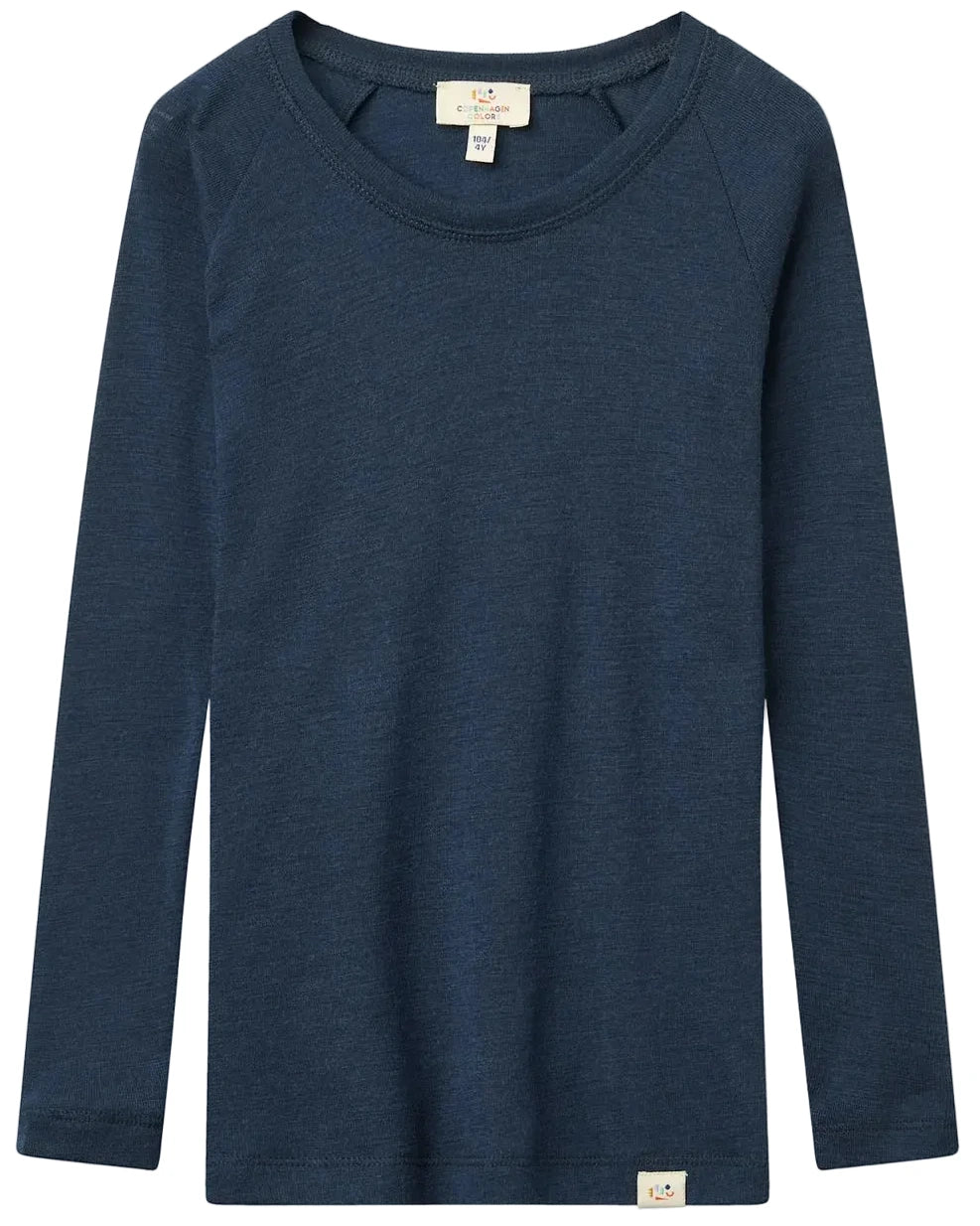 The Baby Boys’ and Boys’ Merino Long Sleeve Knitted T-Shirt by Copenhagen Colors, in dark blue, is shown long-sleeved and crew-neck, laid flat on a white background.