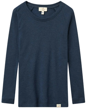 The Baby Boys’ and Boys’ Merino Long Sleeve Knitted T-Shirt by Copenhagen Colors, in dark blue, is shown long-sleeved and crew-neck, laid flat on a white background.