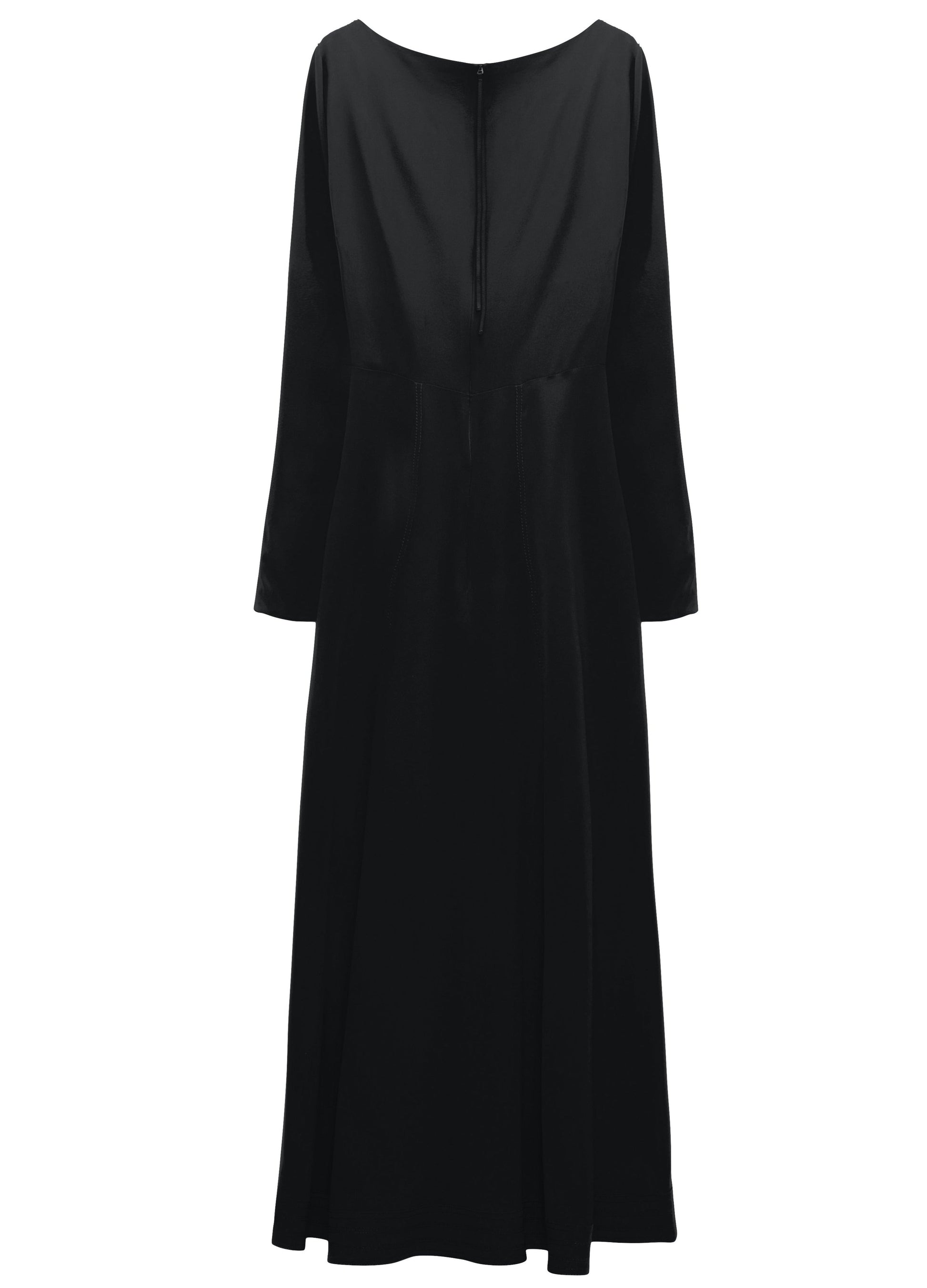 A Dorothee Schumacher Sophisticated Volumes Dress, black, long-sleeved, silk with a high neckline, a back zipper, and reaching midi-length.