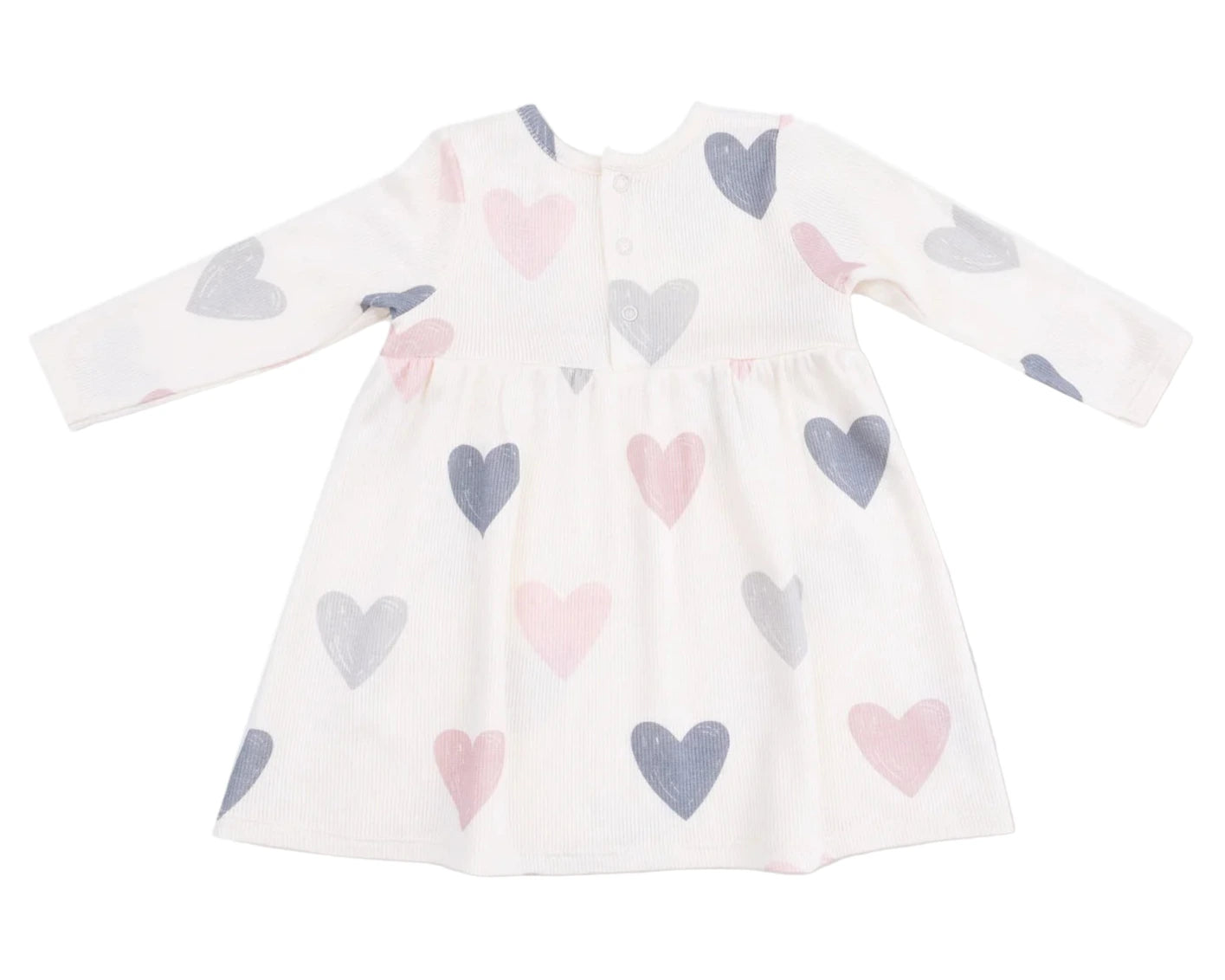 The Angel Dear AD Modal Rib Simple Dress + Bloomer is a long-sleeve white baby dress with large pink, blue, and gray hearts and front buttons. This cozy outfit is perfect for any occasion.
