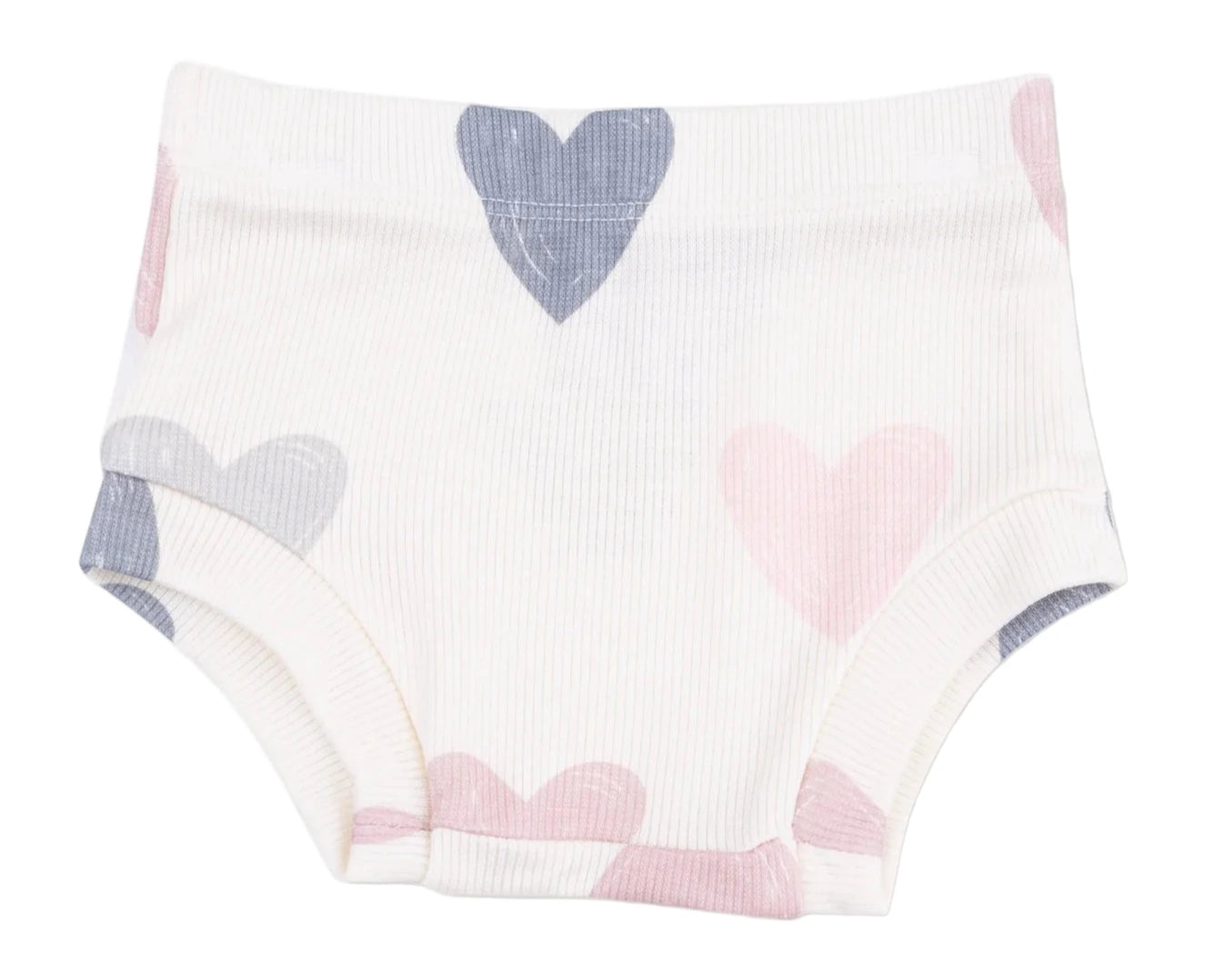 The Angel Dear AD Modal Rib Simple Dress + Bloomer in off-white features large pink and gray hearts, offering a cozy and stylish option for baby girls.
