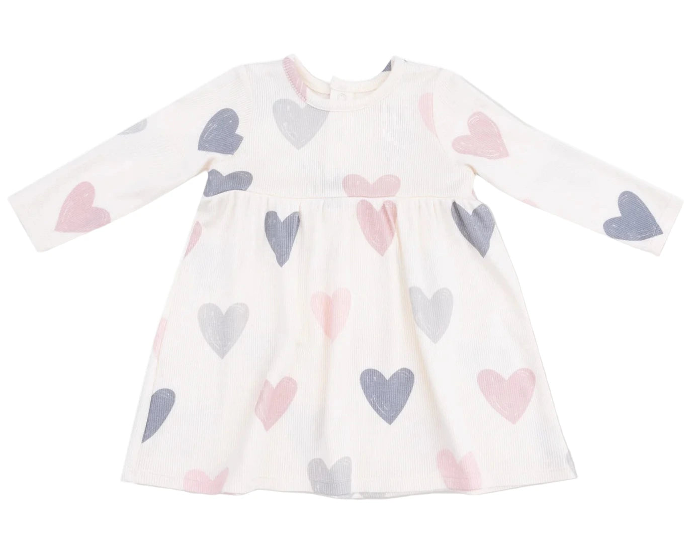 The Angel Dear AD Modal Rib Simple Dress + Bloomer features a white long-sleeve design with pink and gray heart patterns scattered across the cozy fabric.