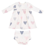The Angel Dear AD Modal Rib Simple Dress + Bloomer set features a cozy white long-sleeve dress with matching bloomers, both adorned with pink, blue, and grey heart patterns.