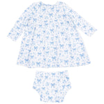 Angel Dear Baby Girls’ Simple Dress and Bloomer set features a white long-sleeve dress with a blue bow and floral print, paired with matching bloomers, both laid flat on a white background for a cozy style.