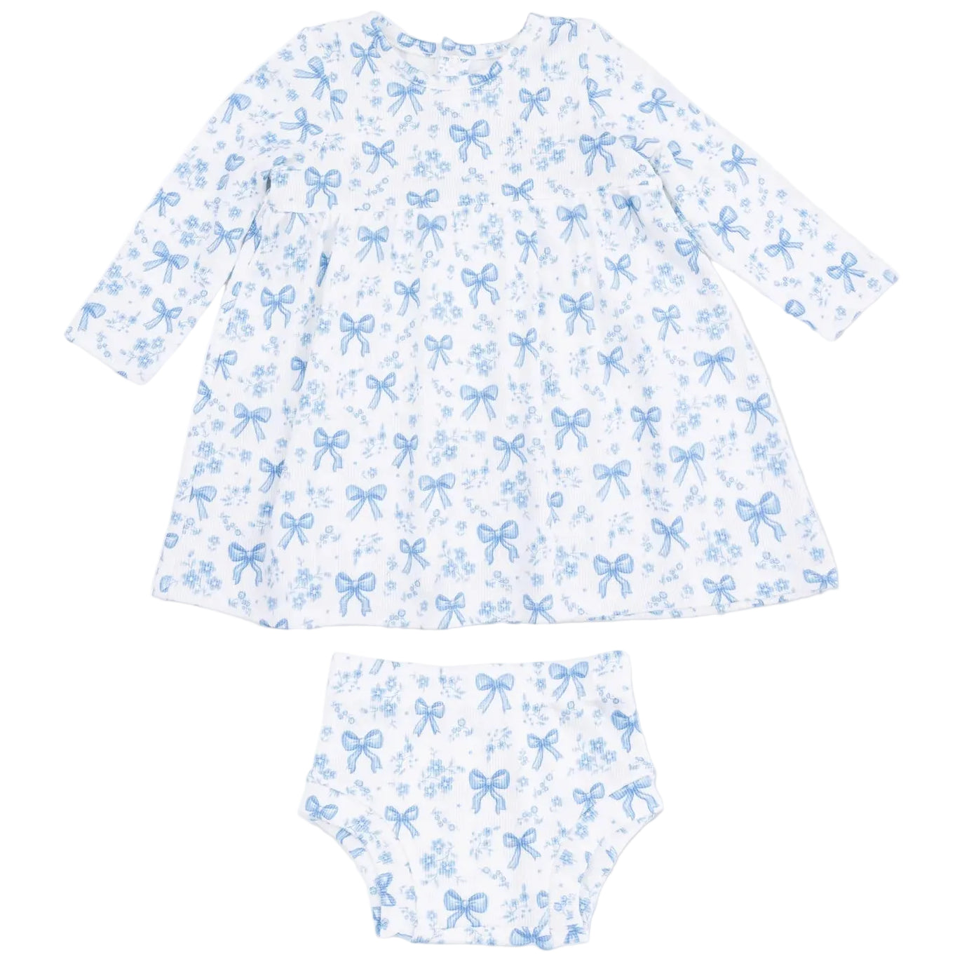 Angel Dear Baby Girls’ Simple Dress and Bloomer set features a white long-sleeve dress with a blue bow and floral print, paired with matching bloomers, both laid flat on a white background for a cozy style.