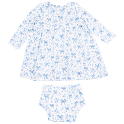Angel Dear Baby Girls’ Simple Dress and Bloomer set features a white long-sleeve dress with a blue bow and floral print, paired with matching bloomers, both laid flat on a white background for a cozy style.