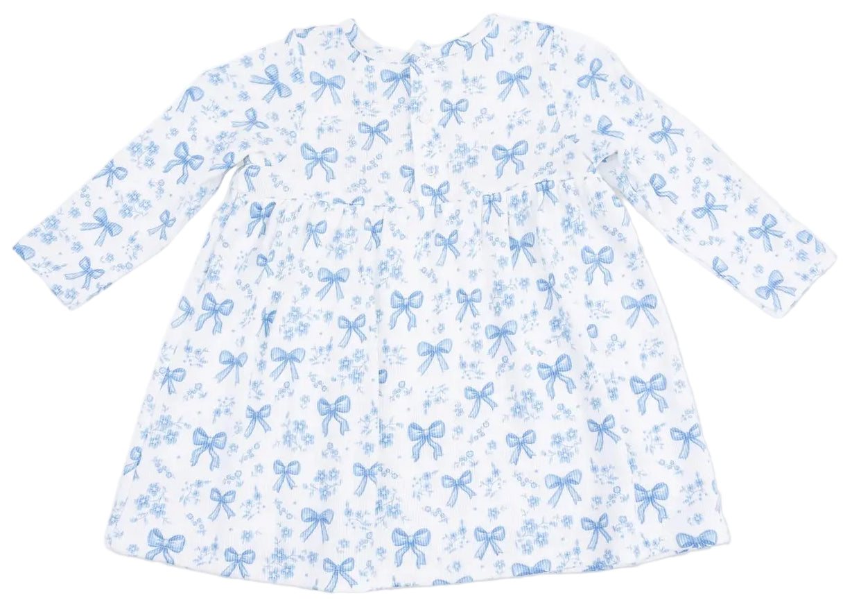 Angel Dear Baby Girls’ Simple Dress and Bloomer in white features a cozy long-sleeve design with a charming blue bow and delicate flower print, displayed flat on a plain background.