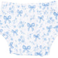 Angel Dear’s Baby Girls’ Simple Dress and Bloomer set features white ribbed bloomers adorned with blue bows and a charming floral print, shown laid flat on a white background. Perfect for pairing with a simple dress or as part of a playful ensemble, these cozy bloomers add delightful style to your little one’s wardrobe.