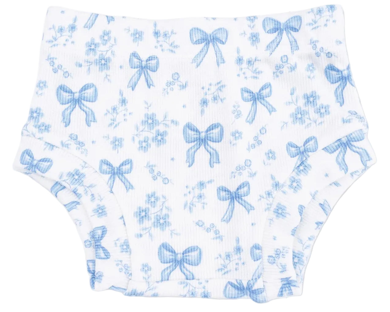 Angel Dear’s Baby Girls’ Simple Dress and Bloomer set features white ribbed bloomers adorned with blue bows and a charming floral print, shown laid flat on a white background. Perfect for pairing with a simple dress or as part of a playful ensemble, these cozy bloomers add delightful style to your little one’s wardrobe.