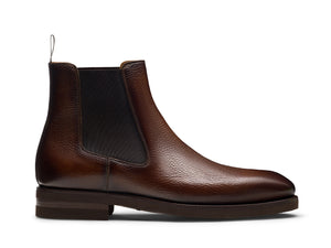 Magnanni Lonny Chelsea boot in dark brown full-grain leather with side elastic panels and a low heel.