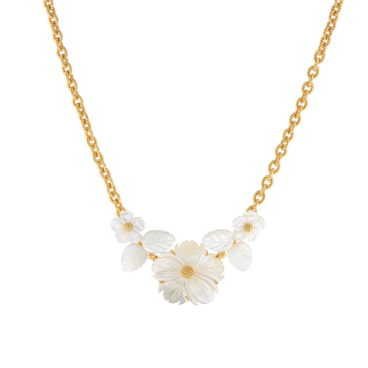 The Juliska Capucine De Wulf Mermaid Garden Bouquet Necklace is a gold link chain with three white carved flower and leaf accents at the center, creating a stunning statement piece.
