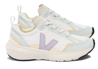 A pair of stylish pastel Veja Kids' Canary Alveomesh sneakers made with Amazonian rubber and featuring a prominent "v" logo on the side, displayed against a white background.