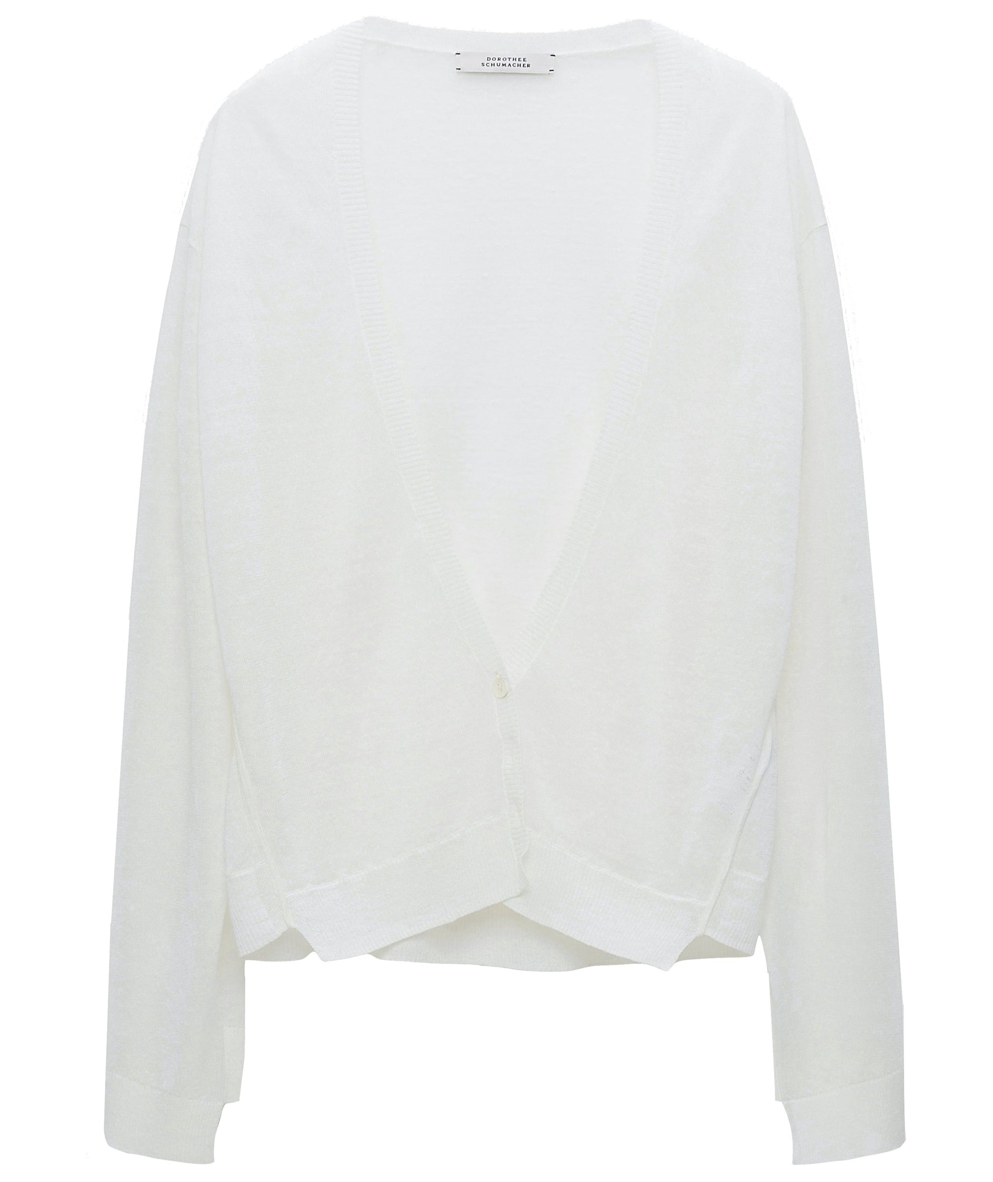 A white, long-sleeve, V-neck linen blend Dorothee Schumacher Summer Ease Cardigan with a single button closure at the front by Dorothee Schumacher.