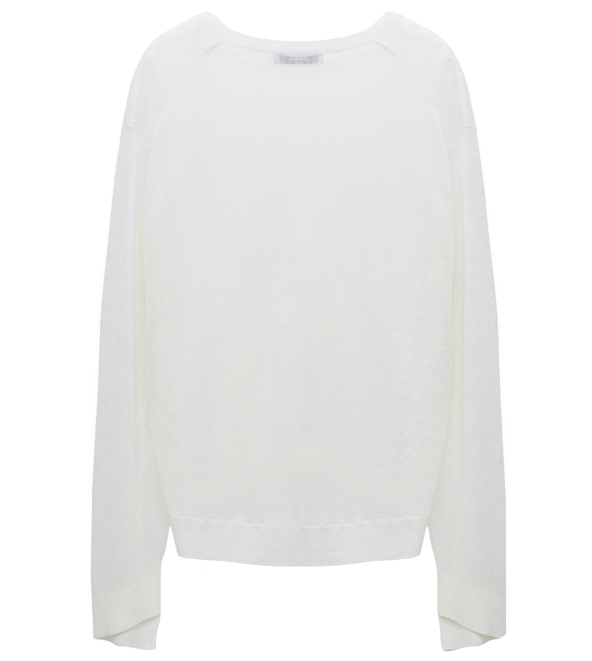 A white, long-sleeved, crew-neck Dorothee Schumacher Summer Ease Cardigan with asymmetric cuffs displayed on a plain background.