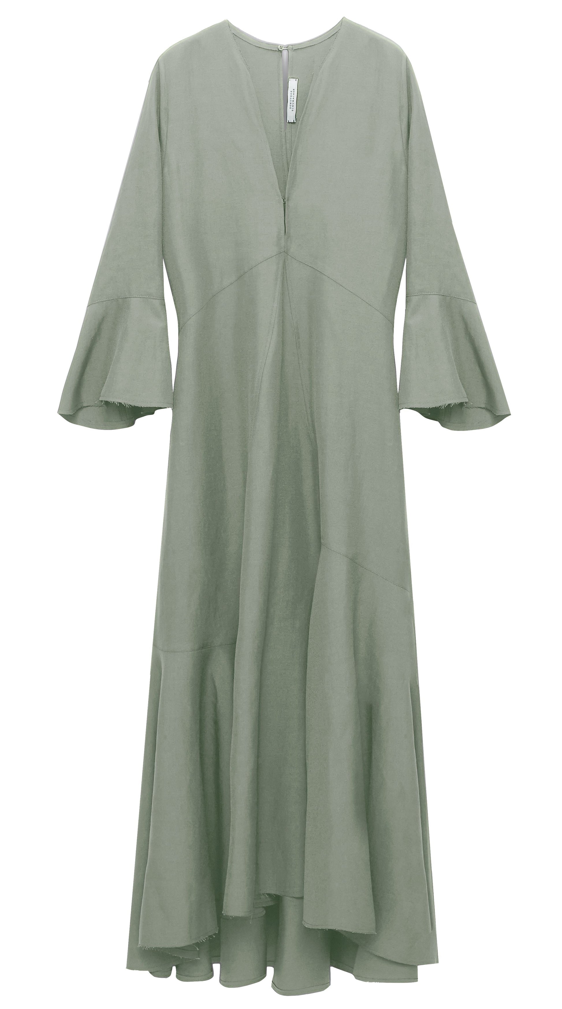 A Dorothee Schumacher Summer Cruise Maxi Dress with a V-neckline, flared sleeves, an asymmetrical hemline, and maxi length, displayed on a white background.