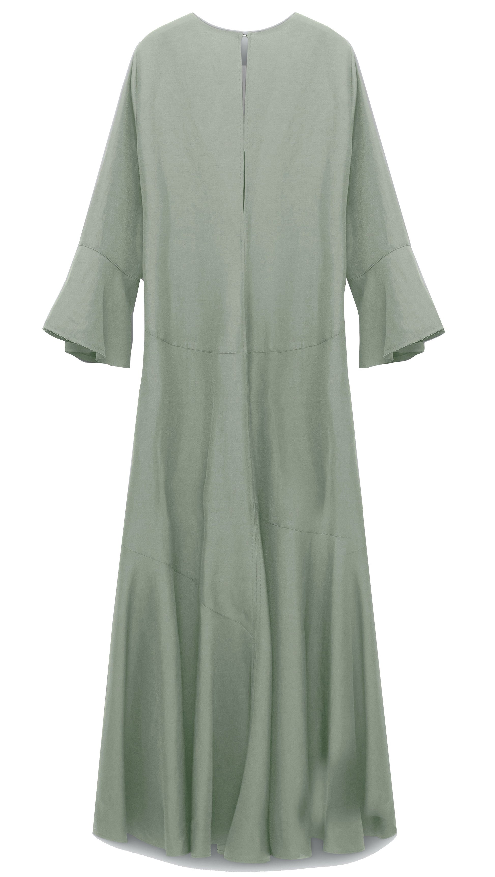 A sage green, long-sleeve linen blend Dorothee Schumacher Summer Cruise Maxi Dress with a loose fit, maxi length, tiered ruffle sleeves, V-neckline, and a back zip closure by Dorothee Schumacher.