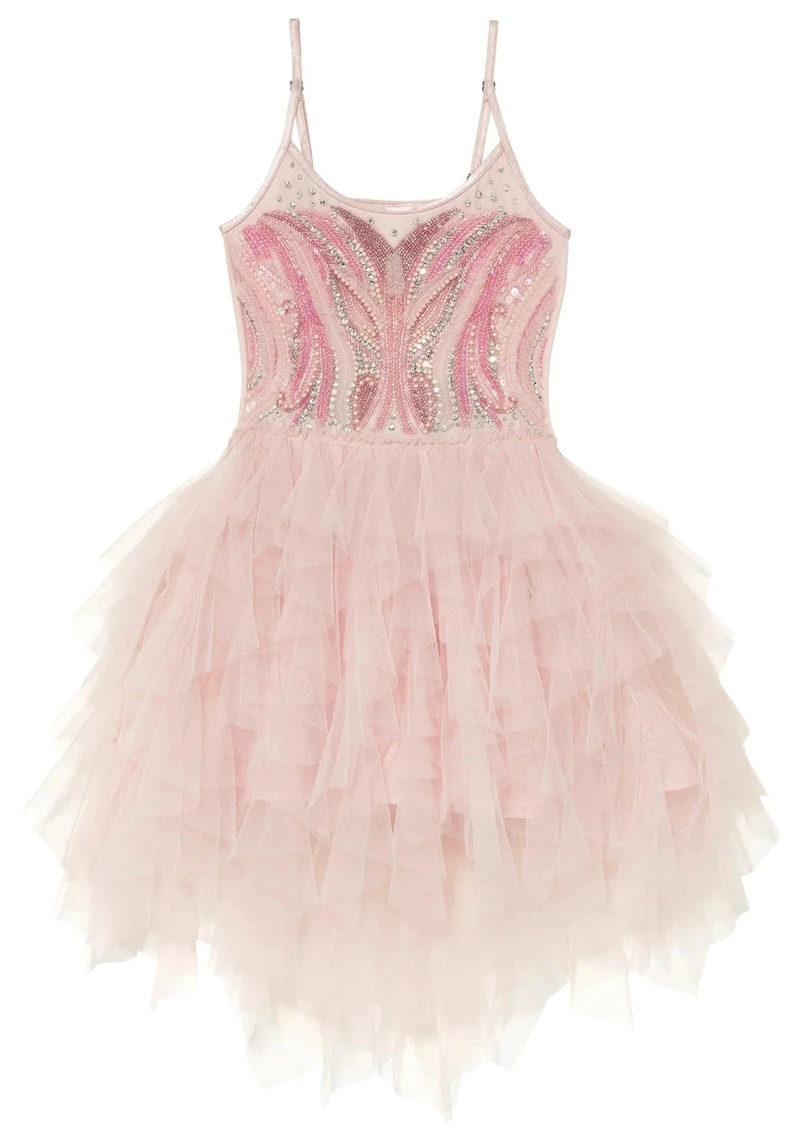 Introducing the Girls’ Glimmering Tutu Dress by Tutu du Monde—a sleeveless pink costume featuring dazzling sequin and bead embellishments on the bodice and a multi-layered tulle skirt, perfect for capturing the enchanting style of Glinda the Good Witch.