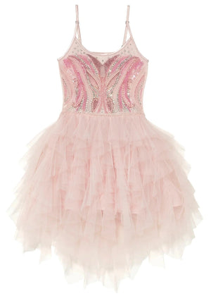 Introducing the Girls’ Glimmering Tutu Dress by Tutu du Monde—a sleeveless pink costume featuring dazzling sequin and bead embellishments on the bodice and a multi-layered tulle skirt, perfect for capturing the enchanting style of Glinda the Good Witch.