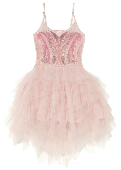 Introducing the Girls’ Glimmering Tutu Dress by Tutu du Monde—a sleeveless pink costume featuring dazzling sequin and bead embellishments on the bodice and a multi-layered tulle skirt, perfect for capturing the enchanting style of Glinda the Good Witch.