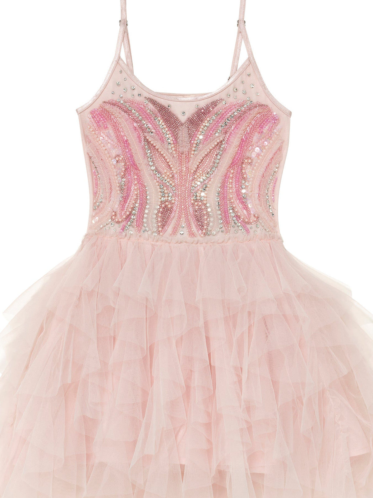 The Girls’ Glimmering Tutu Dress by Tutu du Monde is a pink sleeveless dress with spaghetti straps, adorned with a beaded and sequined butterfly design on the bodice and finished with a layered ruffled tulle skirt—perfect as a magical costume or for any occasion that calls for a dreamy pink tutu dress.
