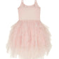The Tutu du Monde Girls’ Glimmering Tutu Dress is a sleeveless pink ballet dress with adjustable shoulder straps and a layered tulle skirt, capturing the enchanting charm of a Glinda the Good Witch costume, shown against a plain white background.