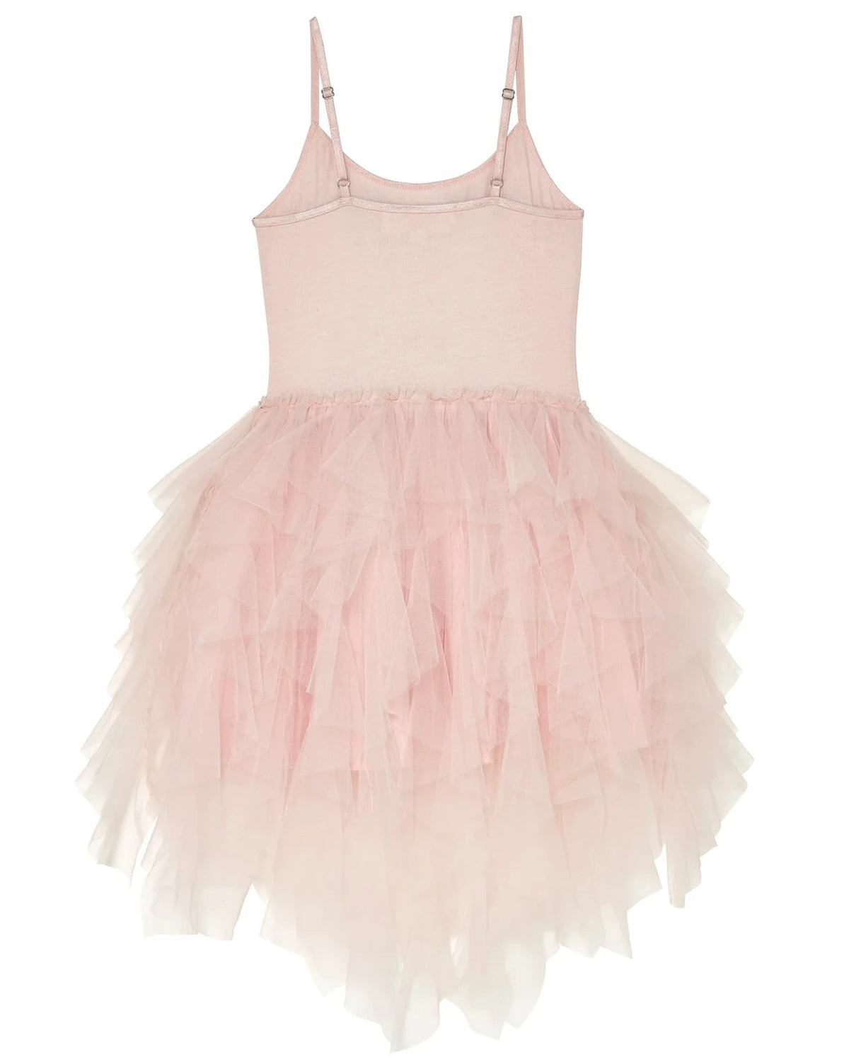 The Tutu du Monde Girls’ Glimmering Tutu Dress is a sleeveless pink ballet dress with adjustable shoulder straps and a layered tulle skirt, capturing the enchanting charm of a Glinda the Good Witch costume, shown against a plain white background.