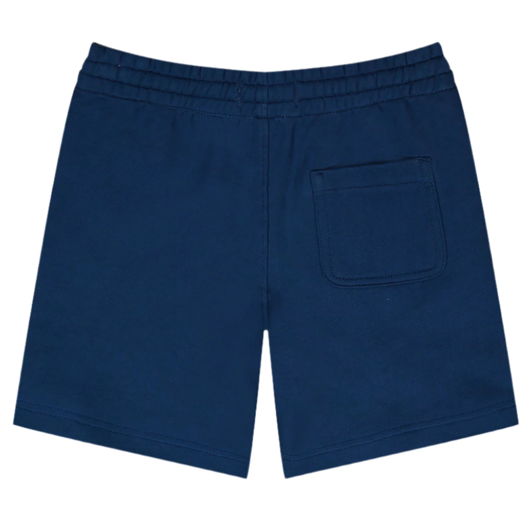The DL1961 Boys' Jackson Toddler Short is a pair of navy blue, relaxed-fit french terry shorts with an elastic drawcord waist and single back pocket, shown flat with the back side facing up.