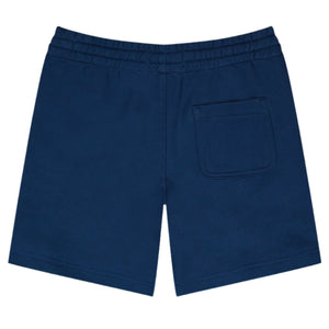 The DL1961 Boys' Jackson Toddler Short is a pair of navy blue, relaxed-fit french terry shorts with an elastic drawcord waist and single back pocket, shown flat with the back side facing up.