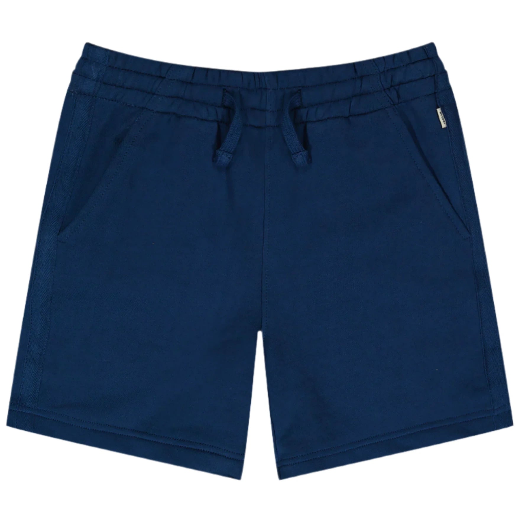 The Boys' Jackson Toddler Short by DL1961 in navy blue features soft French terry fabric, a drawcord waist, and side pockets, shown on a plain white background.