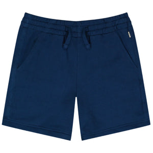 The Boys' Jackson Toddler Short by DL1961 in navy blue features soft French terry fabric, a drawcord waist, and side pockets, shown on a plain white background.