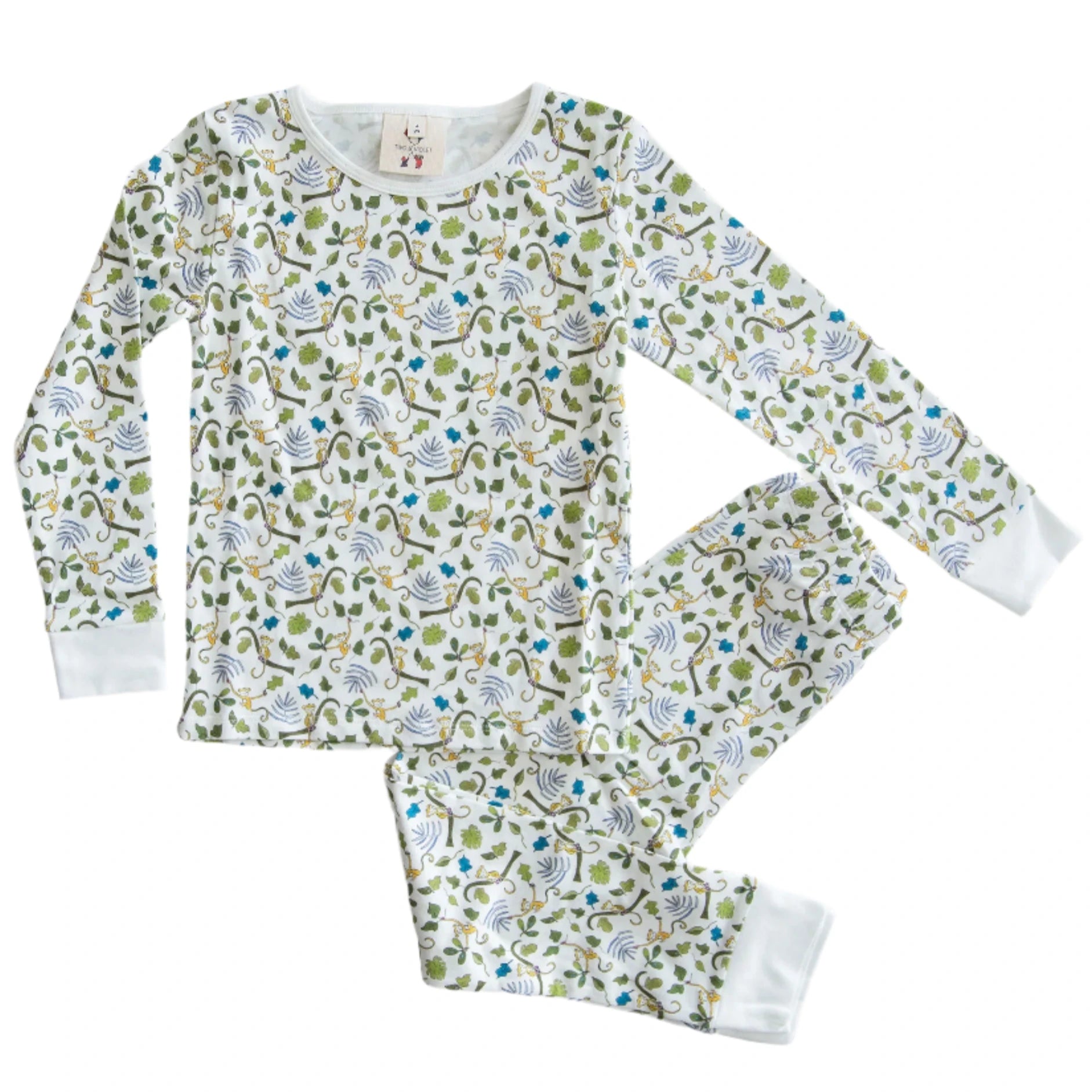 Timo & Violet Kids' The Two Piece Pajamas: organic cotton long-sleeve set with a multicolor nature print of leaves, birds, and branches, plus white cuffs on both sleeves and pants.