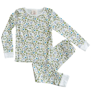 Timo & Violet Kids' The Two Piece Pajamas: organic cotton long-sleeve set with a multicolor nature print of leaves, birds, and branches, plus white cuffs on both sleeves and pants.