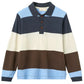 The Baby Boys’ and Boys’ Striped Pique Long Sleeved Polo by Copenhagen Colors is made from soft organic cotton with navy, light blue, cream, and brown stripes.