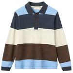 The Baby Boys’ and Boys’ Striped Pique Long Sleeved Polo by Copenhagen Colors is made from soft organic cotton with navy, light blue, cream, and brown stripes.